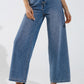 Wide Leg Jeans With Exposed Buttons And Stras Details in Mid Wash