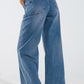 Wide Leg Jeans With Exposed Buttons And Stras Details in Mid Wash