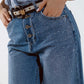 Wide Leg Jeans With Exposed Buttons And Stras Details in Mid Wash