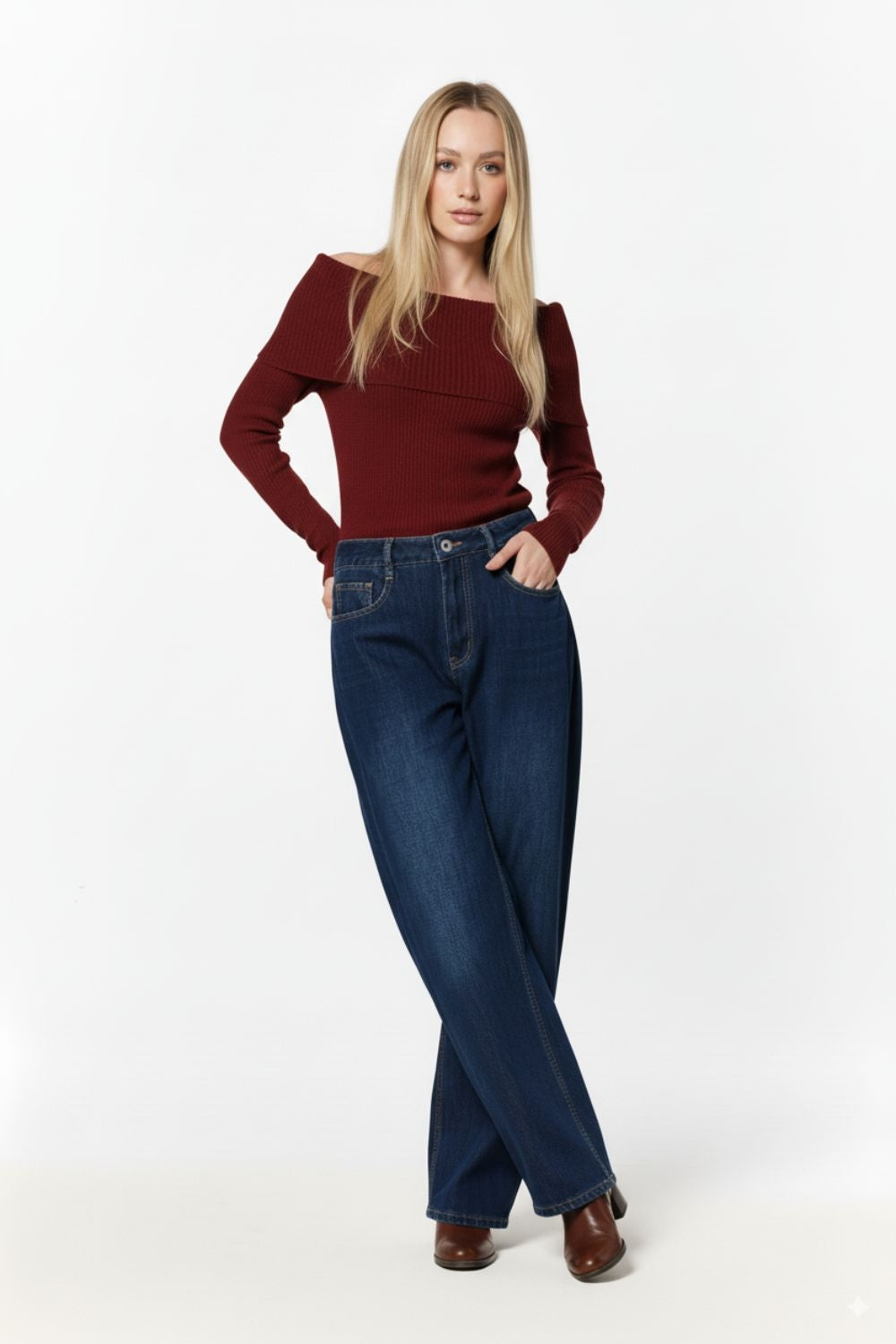 Wide Leg Jeans With Side Dart Detail in Deep Blue