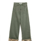 Q2 Wide leg military green pants with leopard print at the bottom