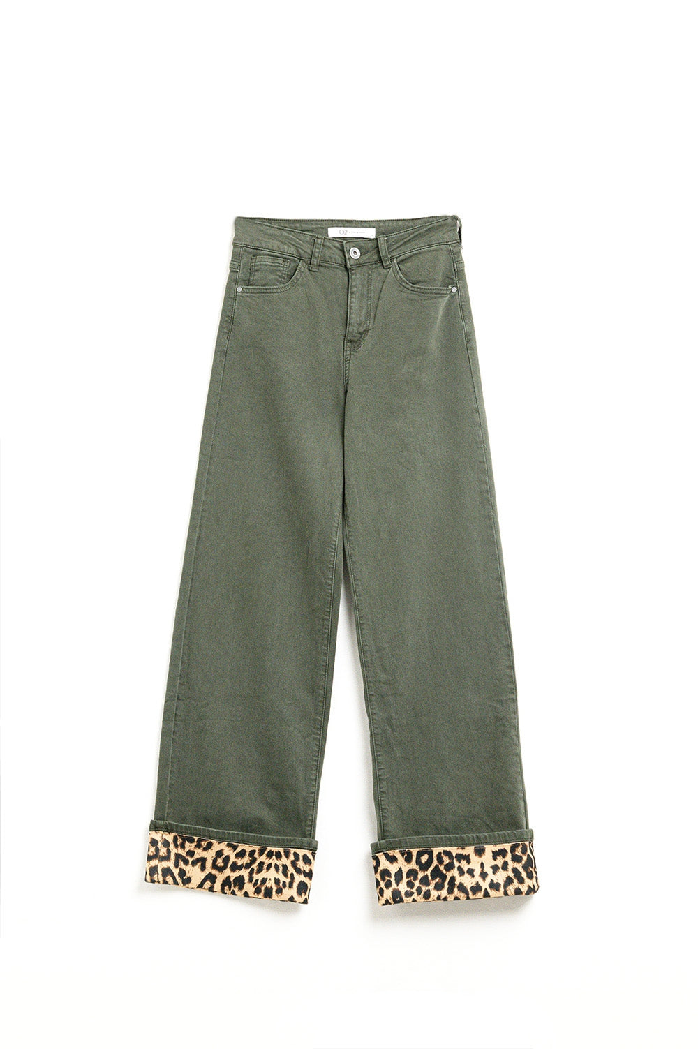 Q2 Wide leg military green pants with leopard print at the bottom