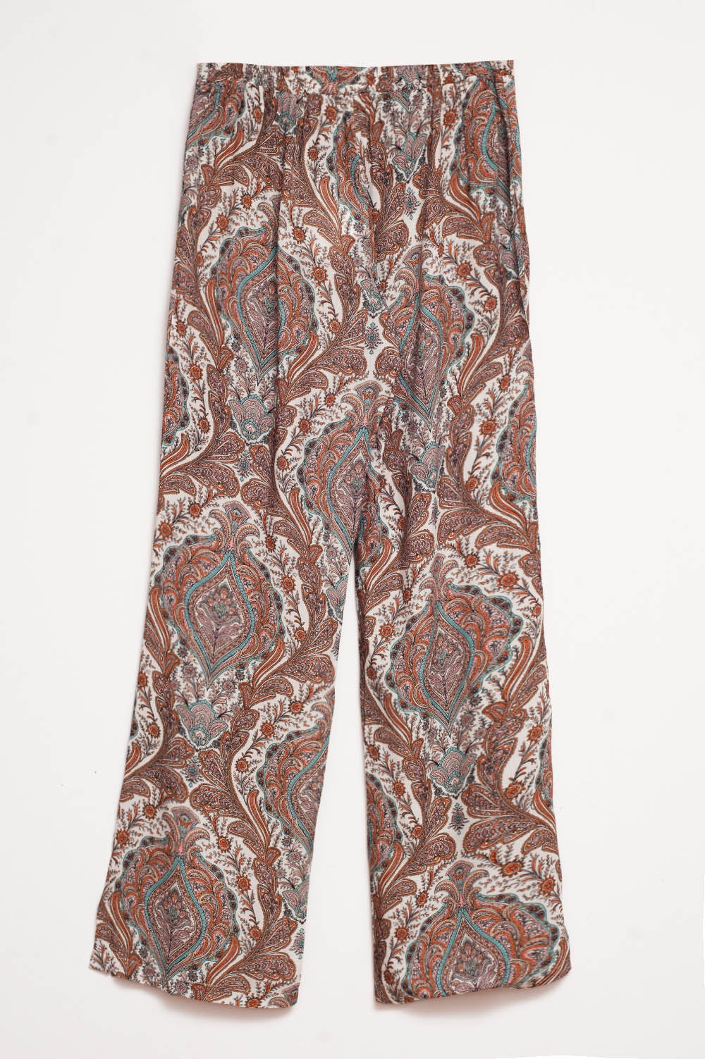 Pantalón ancho con estampado paisley beige