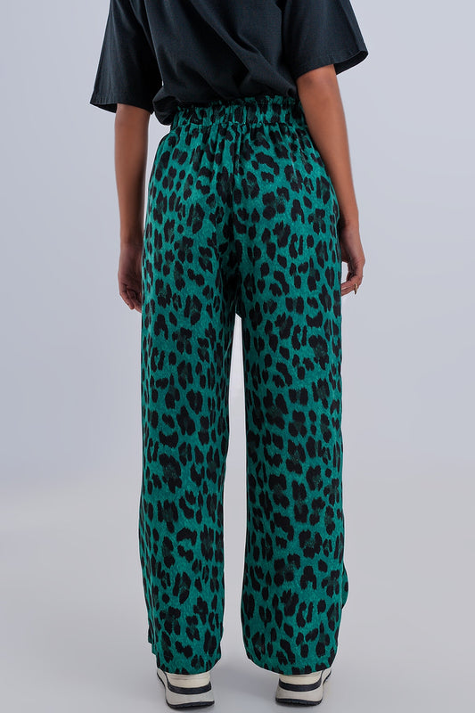 Pantalones anchos de pierna con estampado de leopardo verde