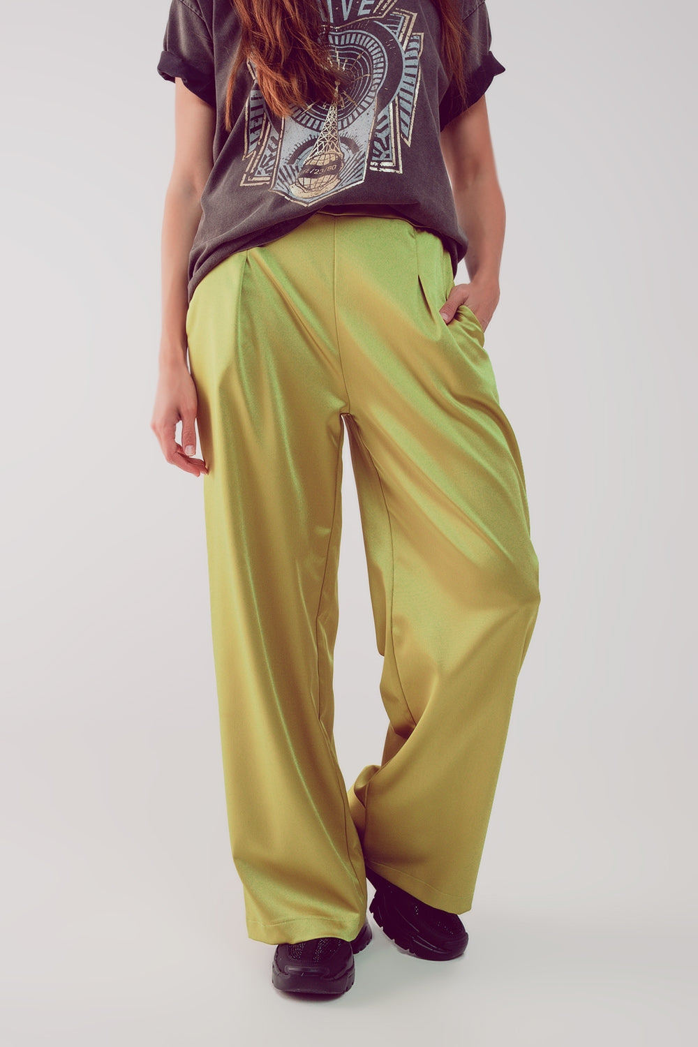 Q2 wide leg satin pants in acid lime