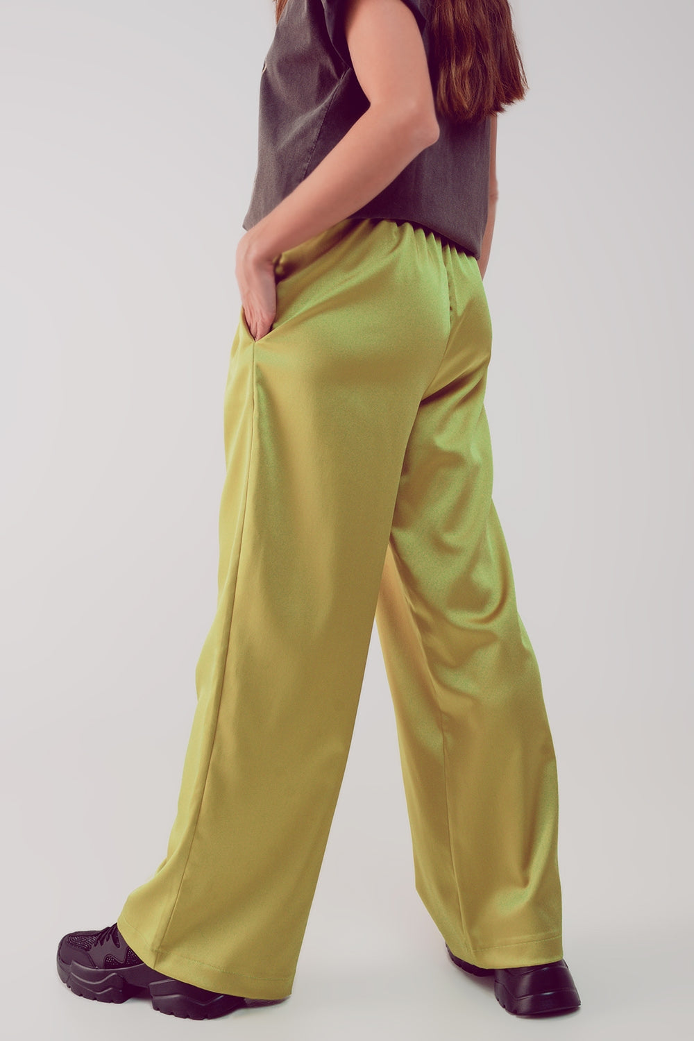 wide leg satin pants in acid lime