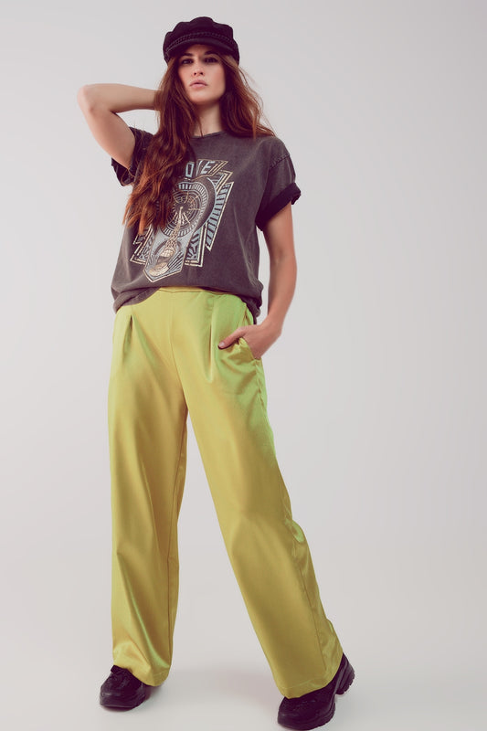 wide leg satin pants in acid lime