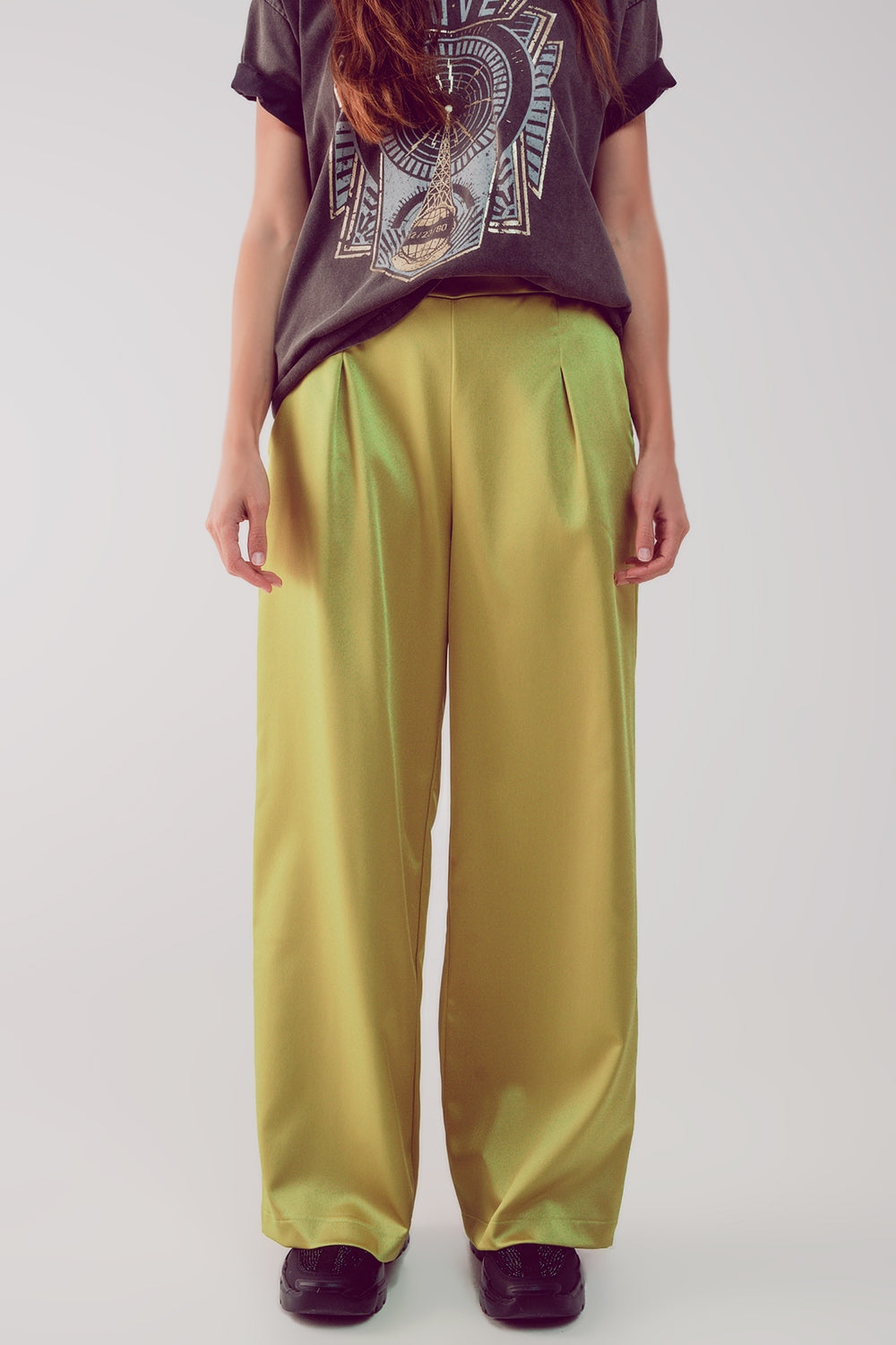 pantalones anchos de raso en acid lime