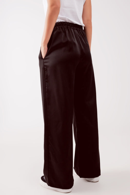 wide leg satin pants in black