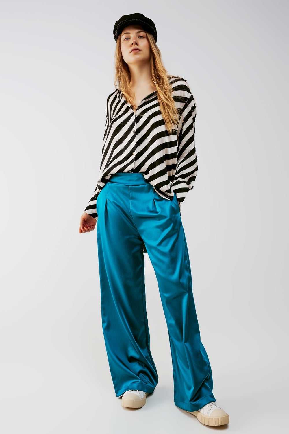 wide leg satin pants in blue