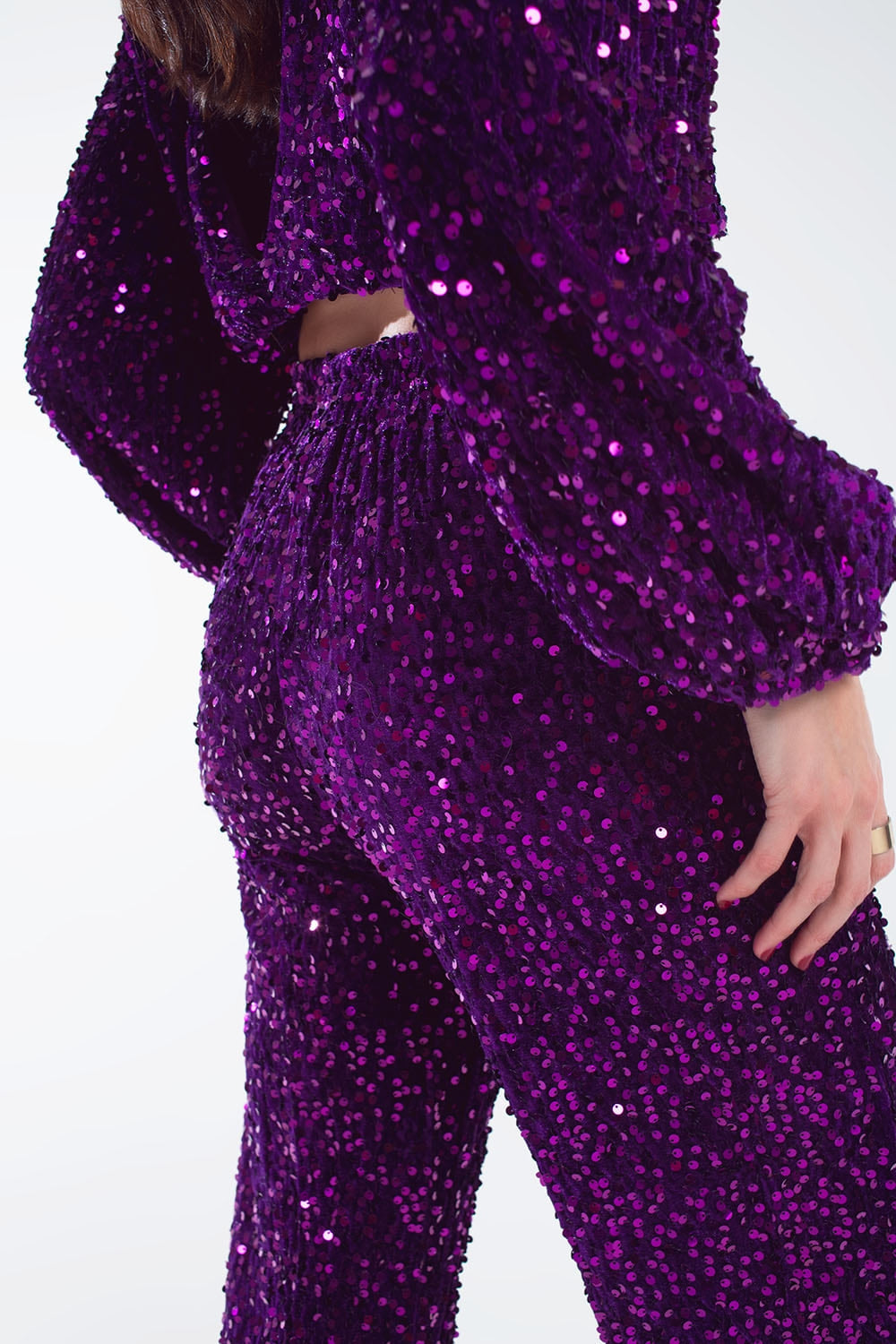 Wide Leg Sequin Pants With Side Pockets In Purple