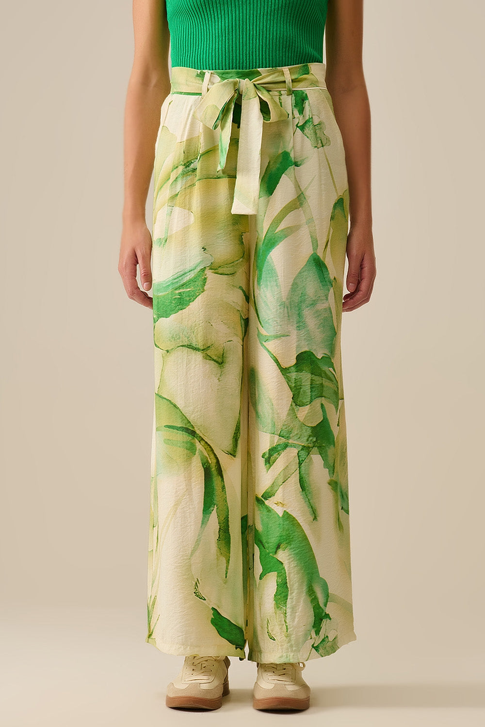 Q2 Wide Leg Trousers with Green Watercolor Print