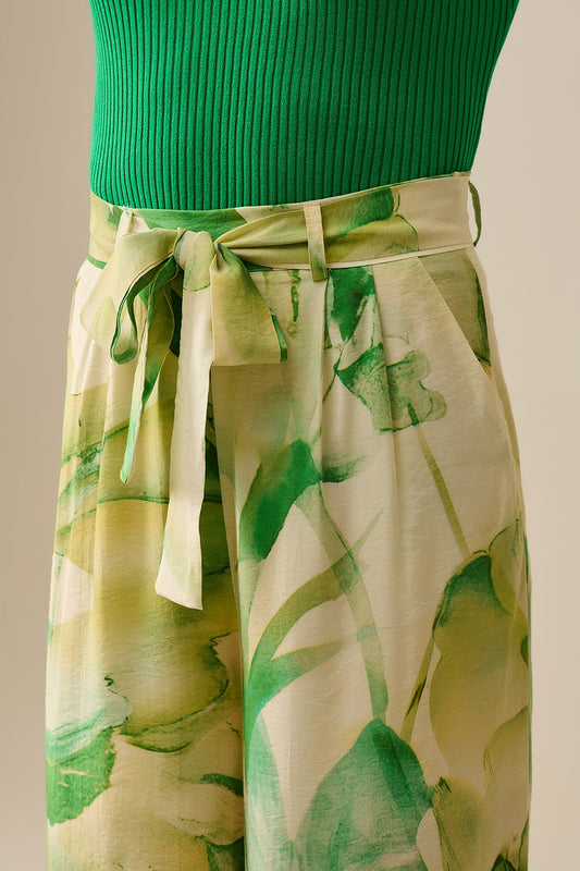 Wide Leg Trousers with Green Watercolor Print