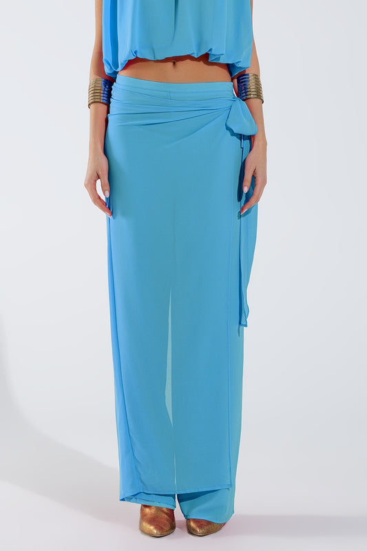 Q2 Wide Light blue Pants Overlay Skirt Tied At The Side