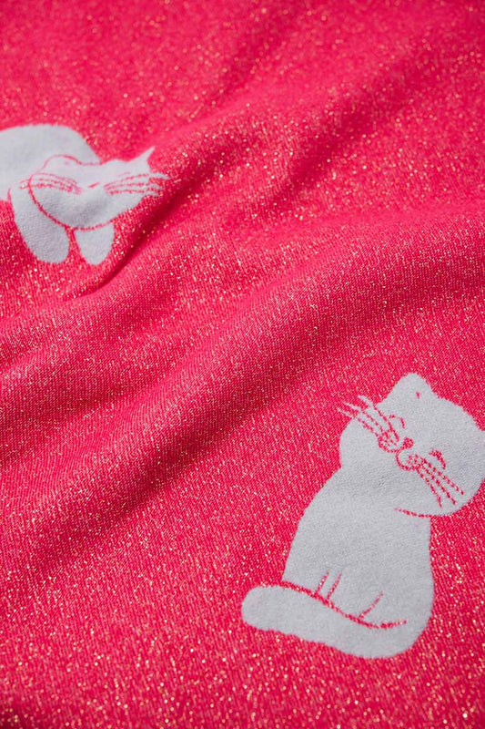 Wide soft knitted scarf in pink with cat print