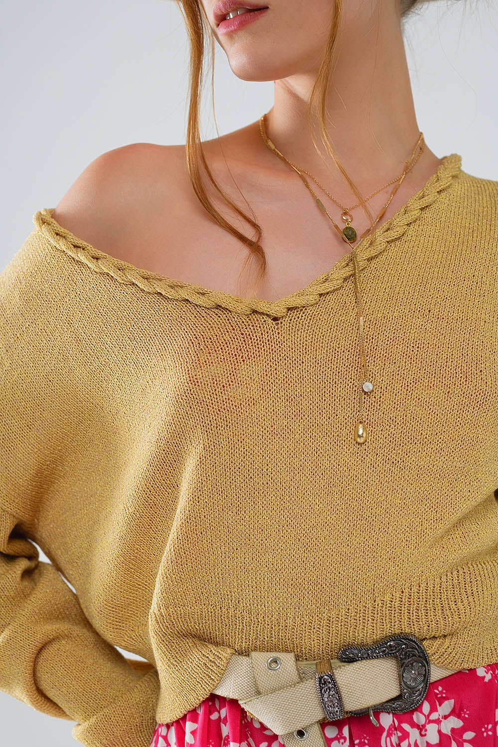 Wide V-neck Light Sweater With Braided Detail In Gold