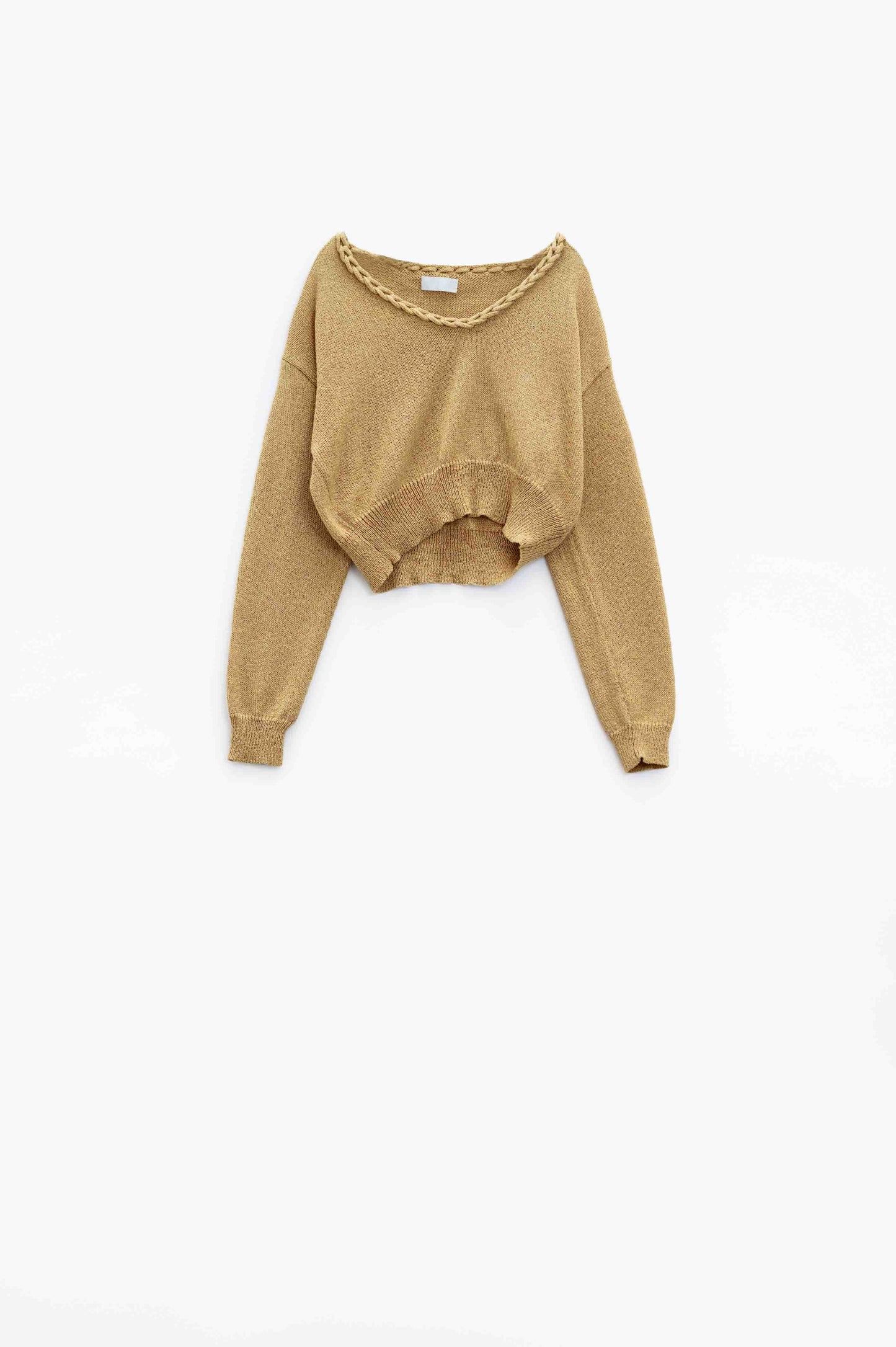 Wide V-neck Light Sweater With Braided Detail In Gold