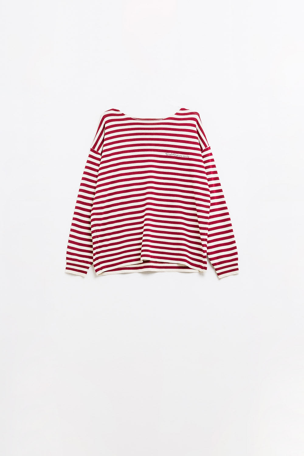 Q2 wine color striped fine knit sweater with boat neck