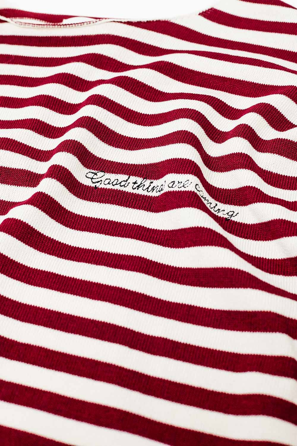 wine color striped fine knit sweater with boat neck