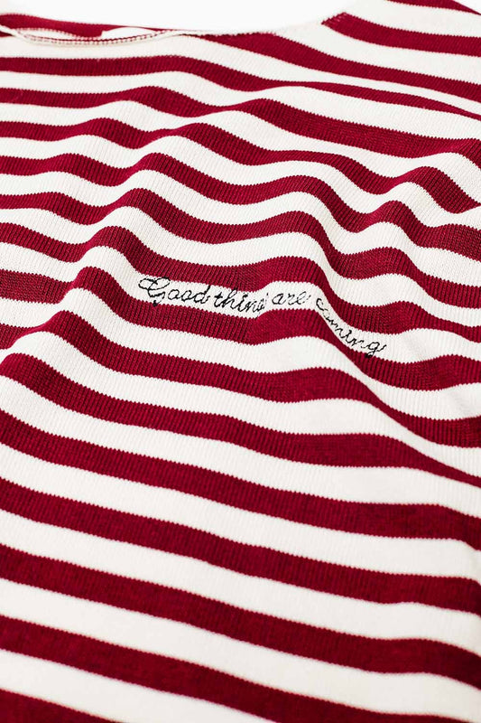 wine color striped fine knit sweater with boat neck