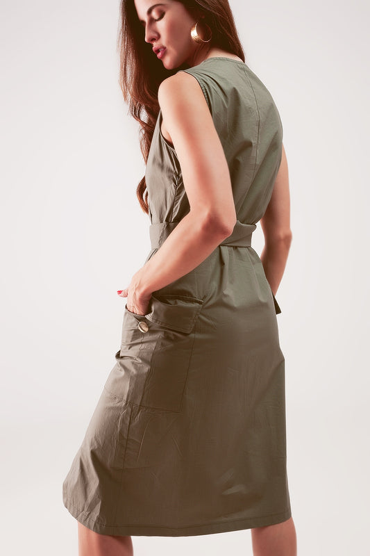 Wrap dress with tie waist detail in khaki