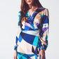 Wrap Short Abstract Print Dress in Blue