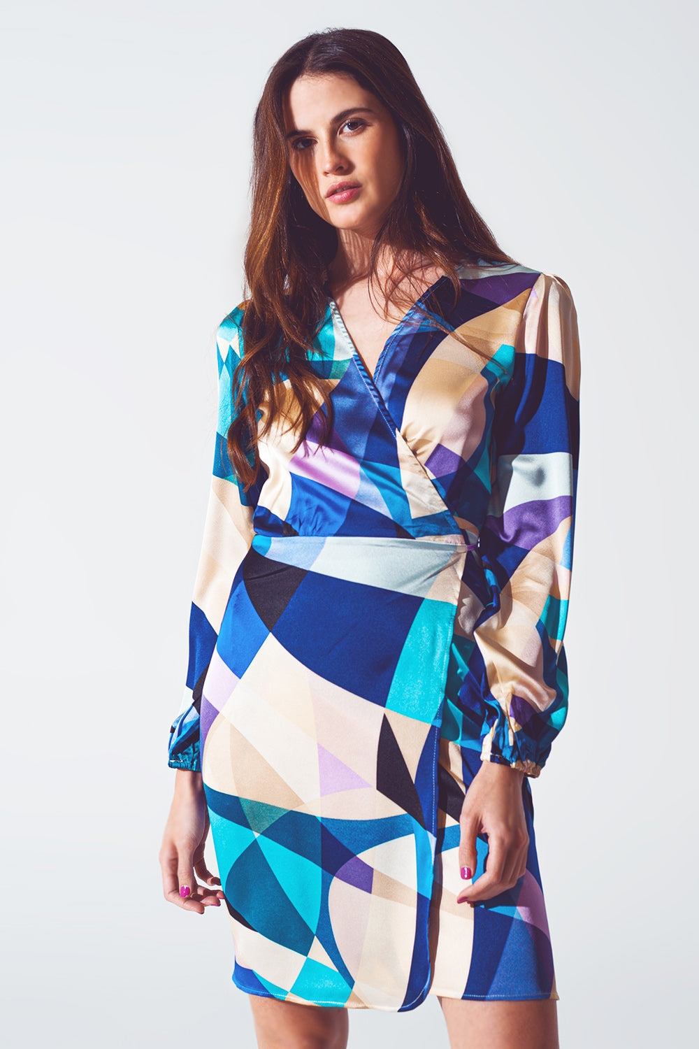 Wrap Short Abstract Print Dress in Blue