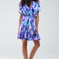 Q2 Wrap Short Dress In Blue and Purple Tie-dye