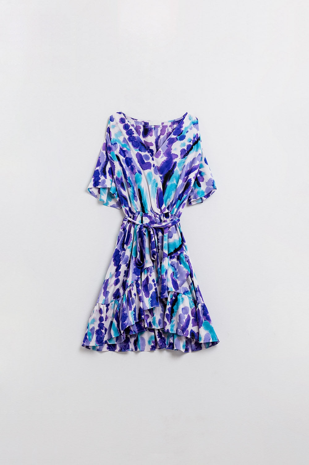 Wrap Short Dress In Blue and Purple Tie-dye