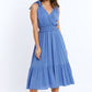 Q2 Wrapped Blue Midi Dress With Smock Detail At The Waist and Golden Polka Dots