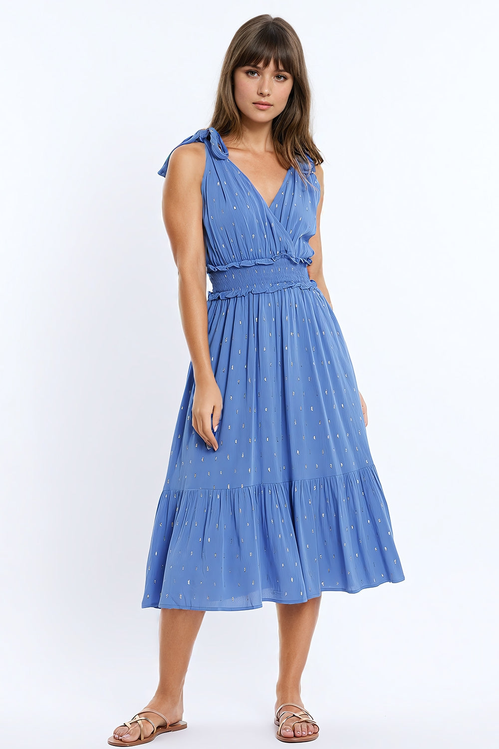 Q2 Wrapped Blue Midi Dress With Smock Detail At The Waist and Golden Polka Dots