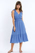 Q2 Wrapped Blue Midi Dress With Smock Detail At The Waist and Golden Polka Dots