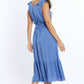 Wrapped Blue Midi Dress With Smock Detail At The Waist and Golden Polka Dots