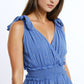 Wrapped Blue Midi Dress With Smock Detail At The Waist and Golden Polka Dots