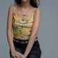 Yellow body top with lemon print in mesh fabric