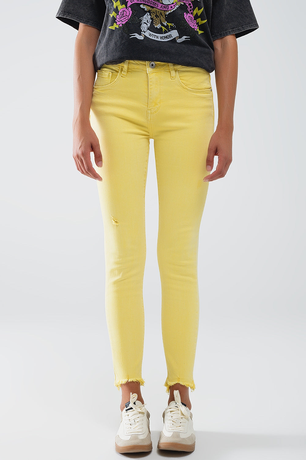 Q2 Yellow jagged hem super skinny Stretch Jeans