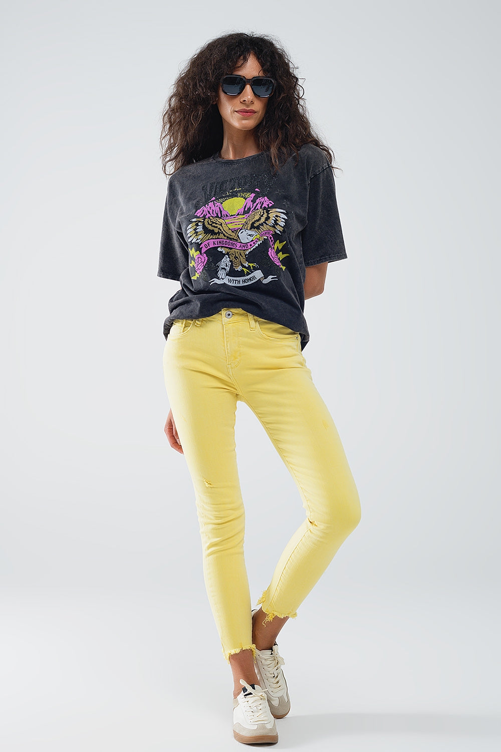 Yellow jagged hem super skinny Stretch Jeans