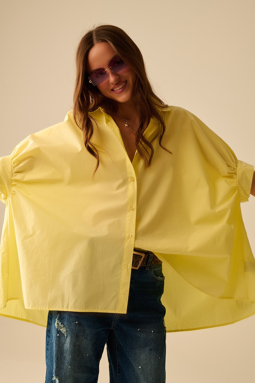 Q2 Yellow oversized blouse with short sleeve