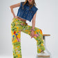 Q2 Yellow Pants with Tropical Print with Zip Side