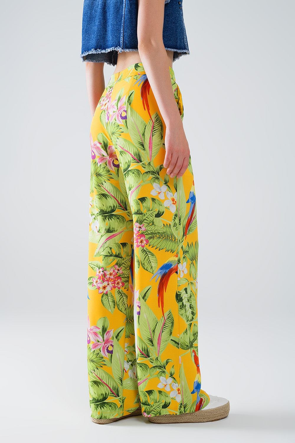 Yellow Pants with Tropical Print with Zip Side