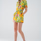 Q2 Yellow Short Jumpsuit with Tropical Print and Drawstring Closure