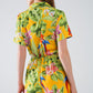 Yellow Short Jumpsuit with Tropical Print and Drawstring Closure