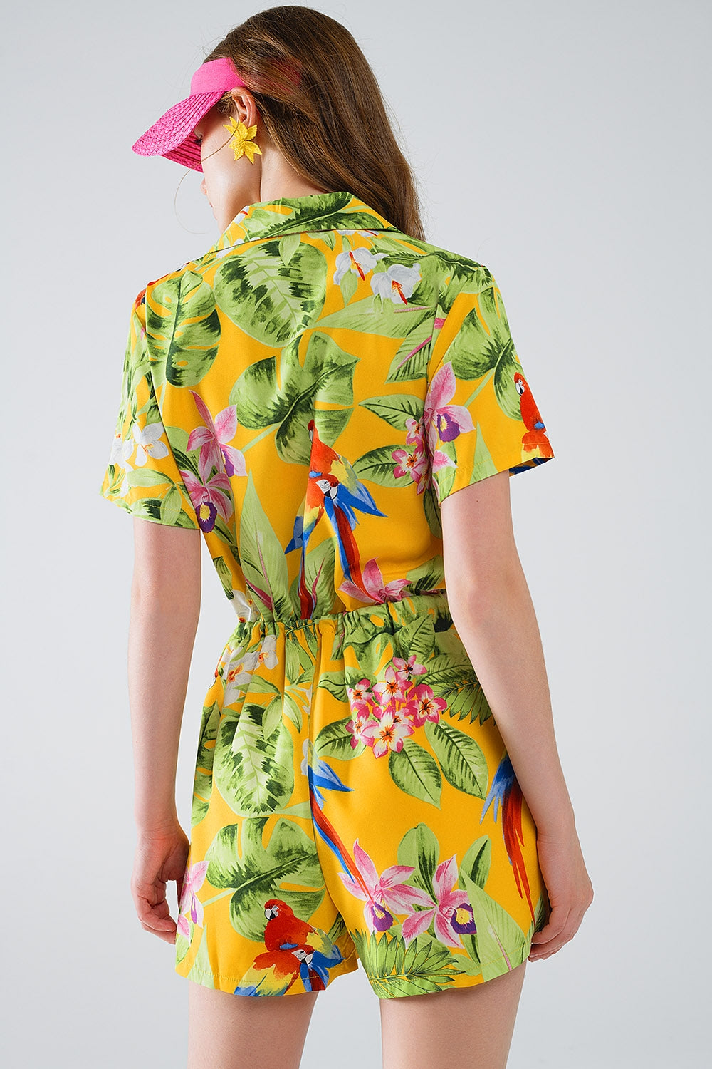 Yellow Short Jumpsuit with Tropical Print and Drawstring Closure