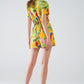 Yellow Short Jumpsuit with Tropical Print and Drawstring Closure