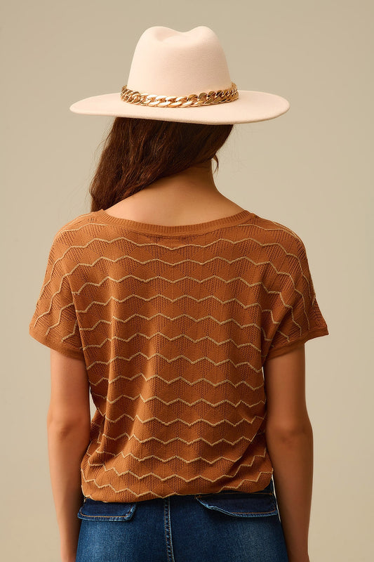 Zigzag V-Neck Knit sweater with dropped sleeves in Brown