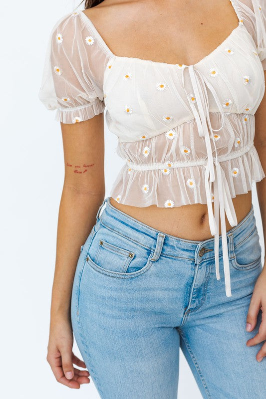 Short Sleeve Ruched Embroidery Crop Top Szua Store