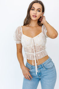 Short Sleeve Ruched Embroidery Crop Top Szua Store