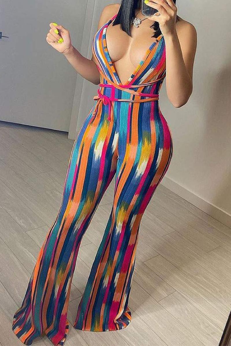 Bright Stripe Print V-Neck Jumpsuit with Lace-Up Detail