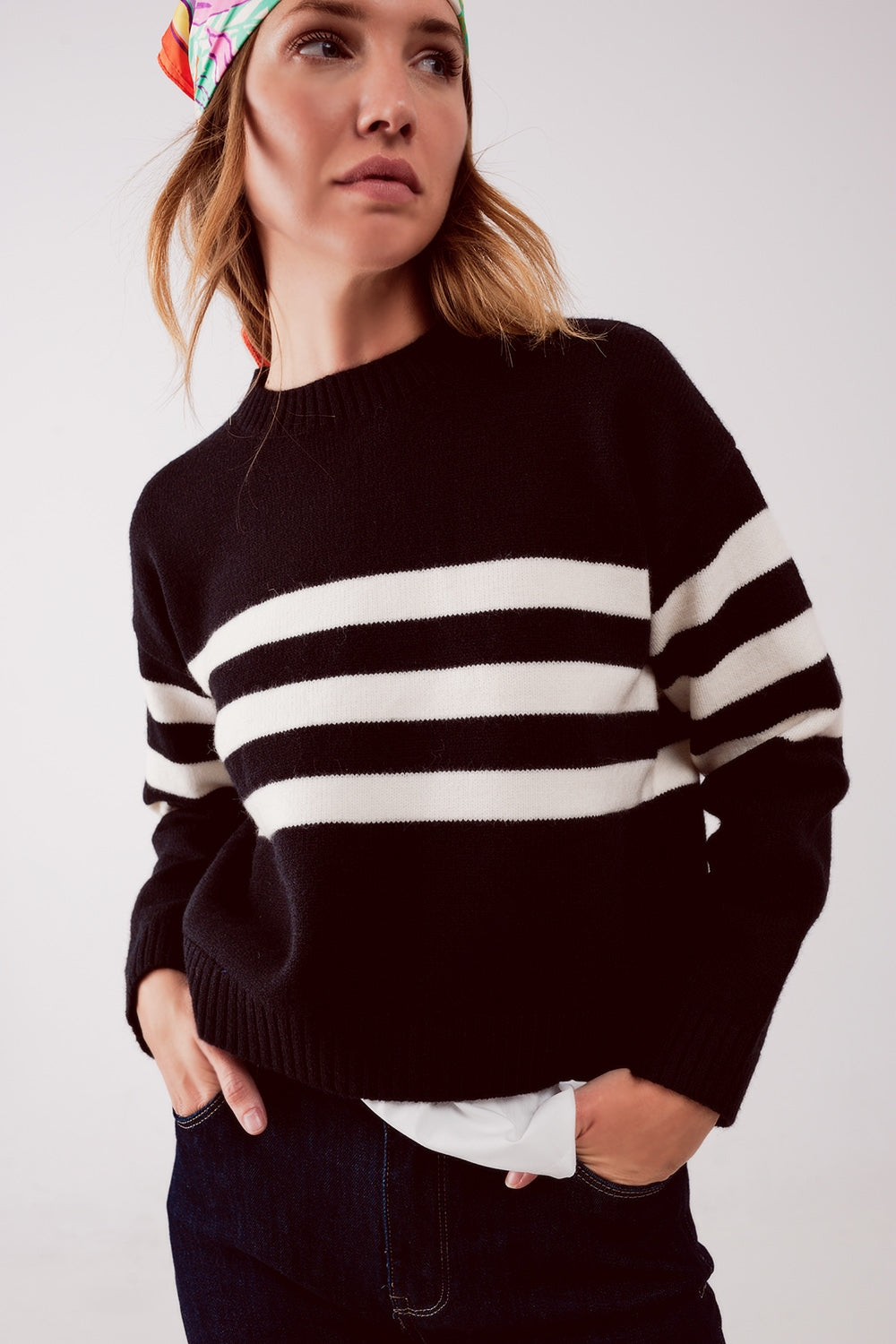 2 in 1 Striped sweater with shirt underlay in black