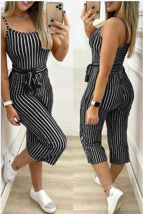 Striped Colorblock Cropped Jumpsuit With Belt - Szua Store